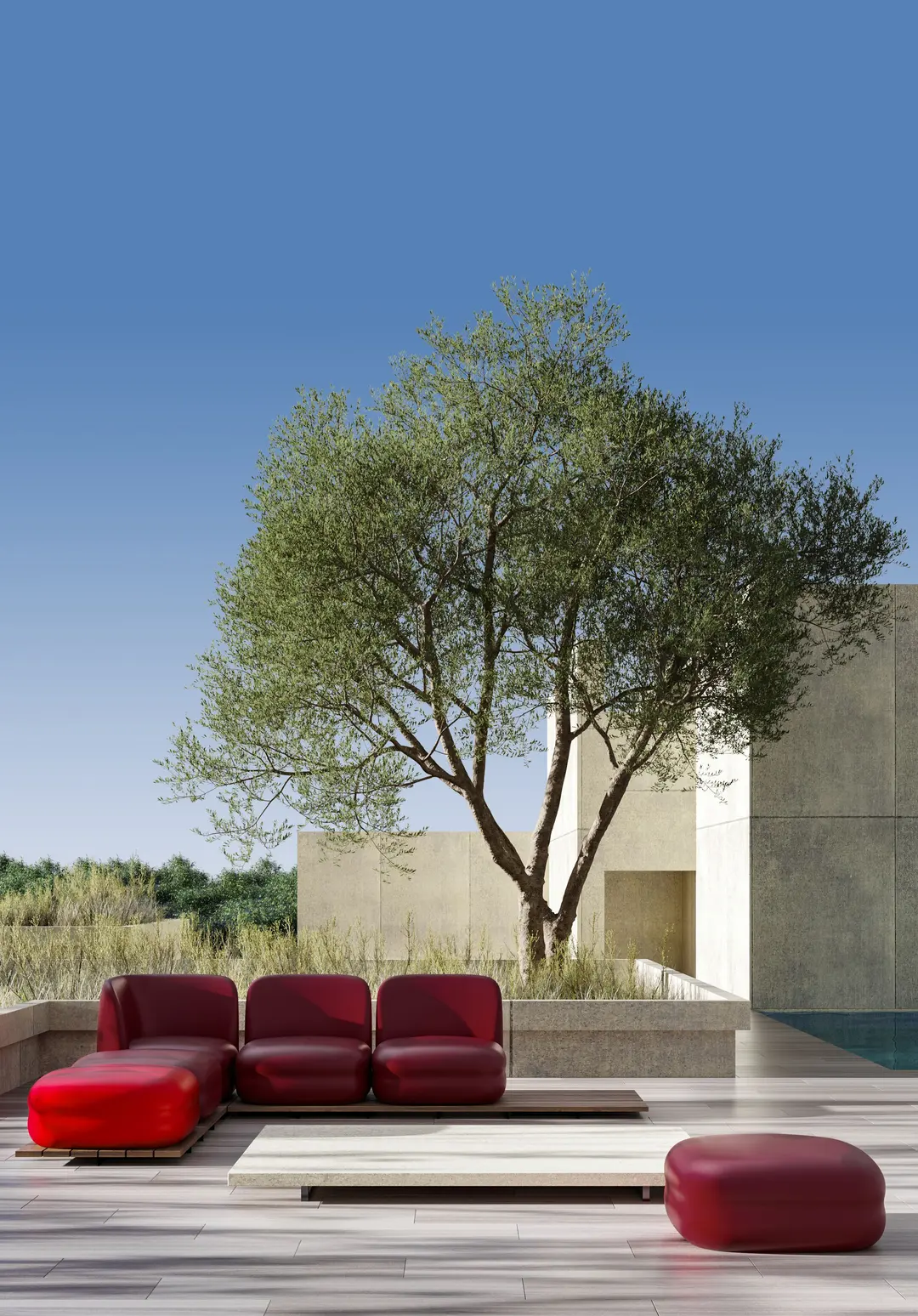 Composición Vistas roja sobre plataforma junto a una piscina y un árbol